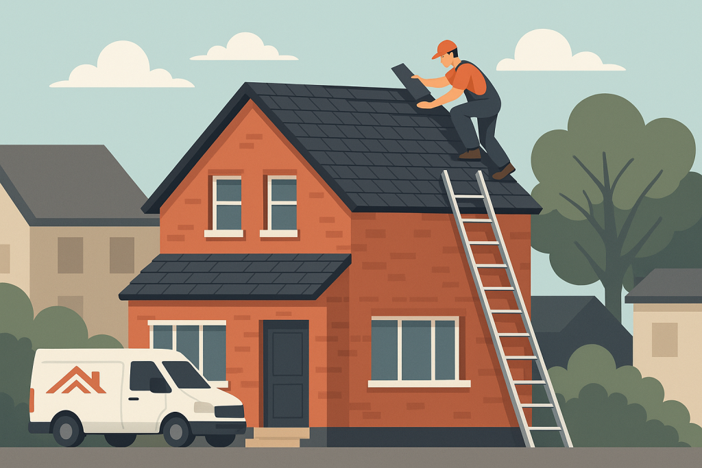 illustration of roofer repairing house roof with ladder and work van outside